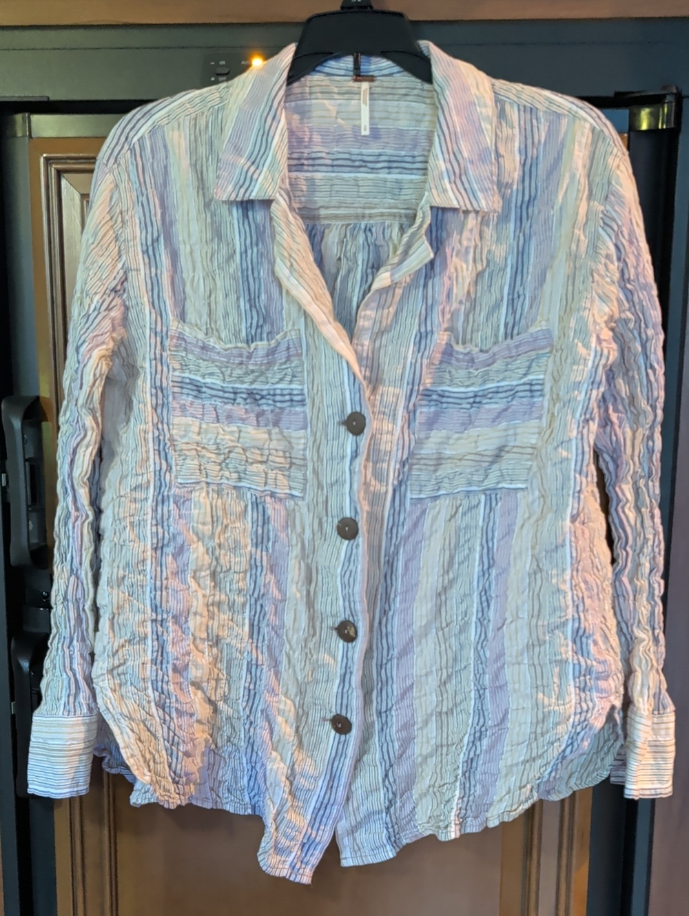 Free People Striped Crinkled Button-Down Shirt in Blue and White